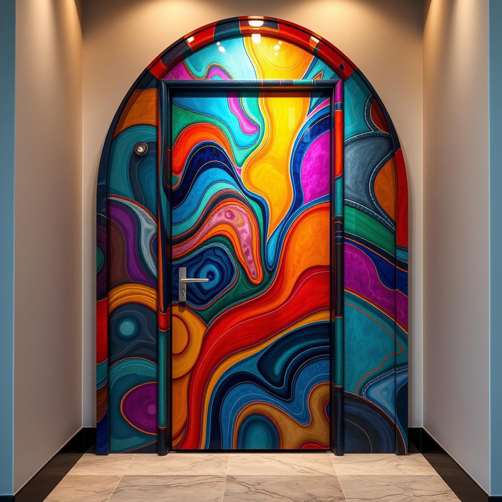 A visually striking and intricately designed door that perfectly embodies a style shift, showcasing a variety of vivid colors and patterns that reflect a modern aesthetic