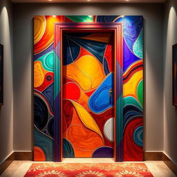 A visually striking and intricately designed door that perfectly embodies a style shift, showcasing a variety of vivid colors and patterns that reflect a modern aesthetic