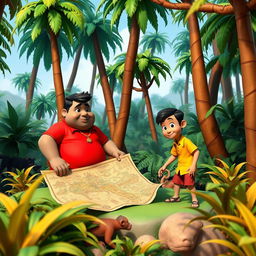 A vibrant 3D jungle scene featuring tall, lush green trees, dense thick bushes, and a colorful environment