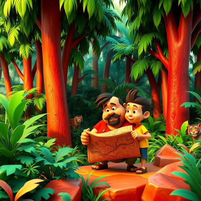 A vibrant 3D jungle scene featuring tall, lush green trees, dense thick bushes, and a colorful environment
