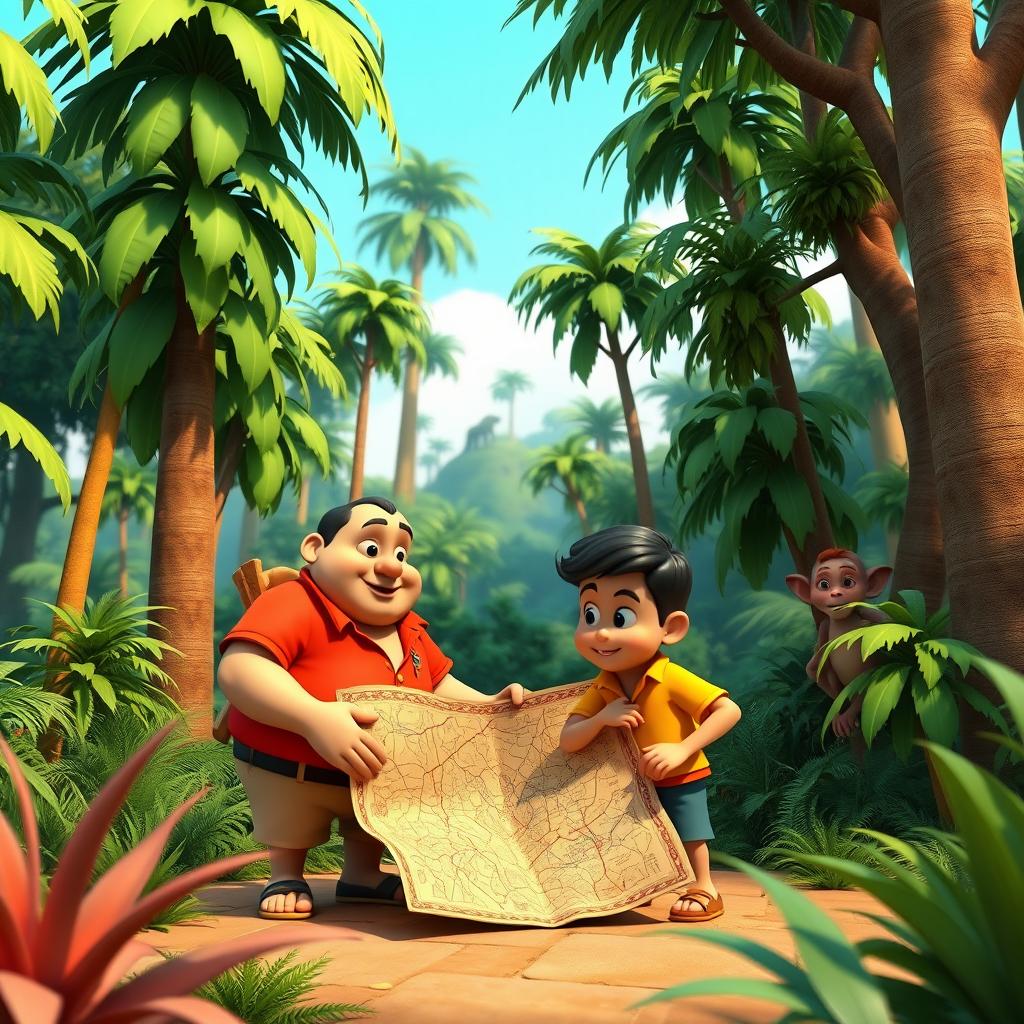 A vibrant 3D jungle scene featuring tall, lush green trees, dense thick bushes, and a colorful environment