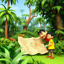 A vibrant 3D jungle scene featuring tall, lush green trees, dense thick bushes, and a colorful environment