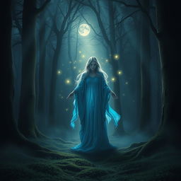 A mystical forest scene, filled with dark, enchanted trees and ethereal fog