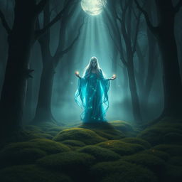 A mystical forest scene, filled with dark, enchanted trees and ethereal fog