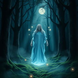 A mystical forest scene, filled with dark, enchanted trees and ethereal fog