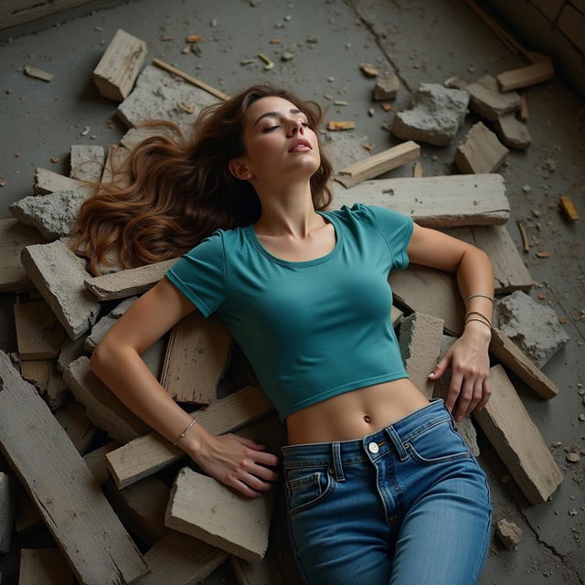 A slim woman lying spread out, sleeping comfortably on a pile of broken pieces of wood in a demolished warehouse