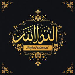 An artistic representation of divine calligraphy showcasing `Allah` in elegant Arabic script alongside the name of Prophet Muhammad, intricately designed with gold leaf embellishments on a dark, textured background