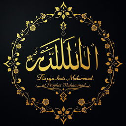 An artistic representation of divine calligraphy showcasing `Allah` in elegant Arabic script alongside the name of Prophet Muhammad, intricately designed with gold leaf embellishments on a dark, textured background
