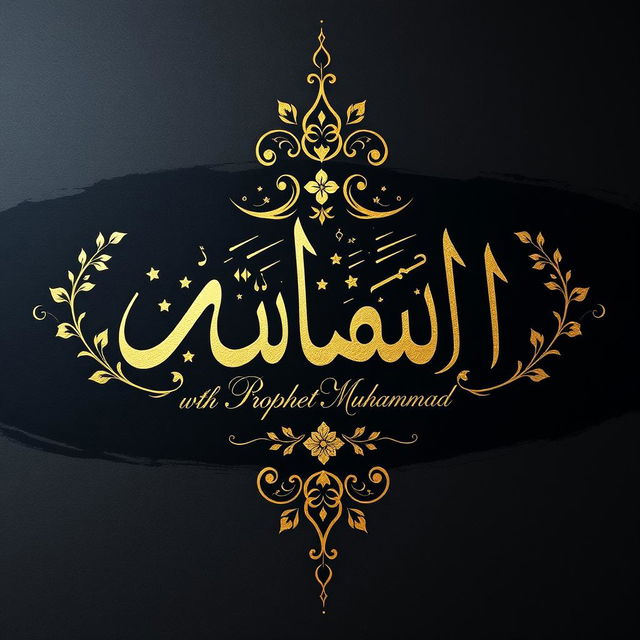 An artistic representation of divine calligraphy showcasing `Allah` in elegant Arabic script alongside the name of Prophet Muhammad, intricately designed with gold leaf embellishments on a dark, textured background