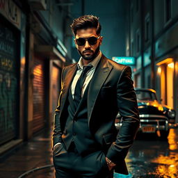 Ajay Bhupathi depicted as a stylish gangster, wearing a sleek tailored suit with sharp lines and a confident aura
