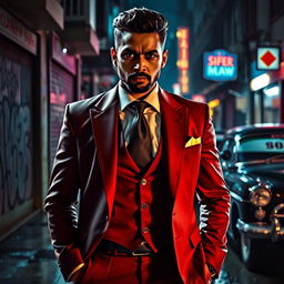 Ajay Bhupathi depicted as a stylish gangster, wearing a sleek tailored suit with sharp lines and a confident aura