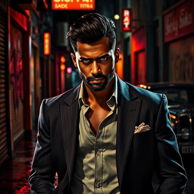 Ajay Bhupathi depicted as a stylish gangster, wearing a sleek tailored suit with sharp lines and a confident aura