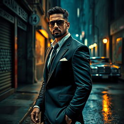 Ajay Bhupathi depicted as a stylish gangster, wearing a sleek tailored suit with sharp lines and a confident aura