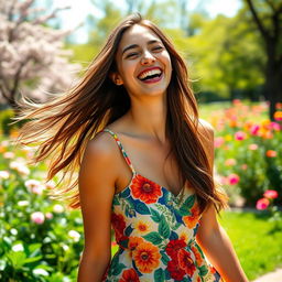 A joyful woman laughing heartily, her eyes sparkling with happiness