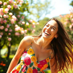 A joyful woman laughing heartily, her eyes sparkling with happiness