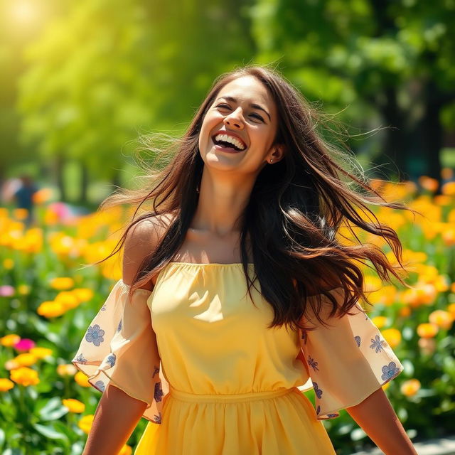 A joyful woman laughing heartily, her eyes sparkling with happiness