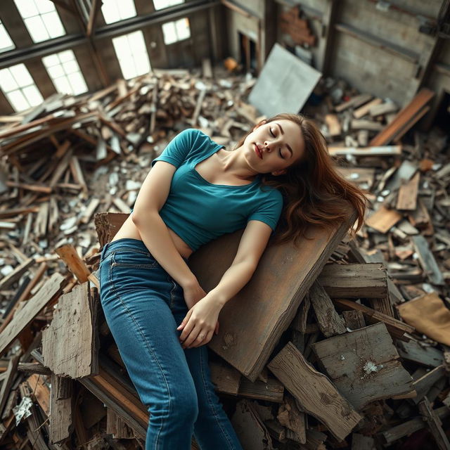 A slim woman peacefully sleeping on a pile of broken pieces of wood in a demolished warehouse