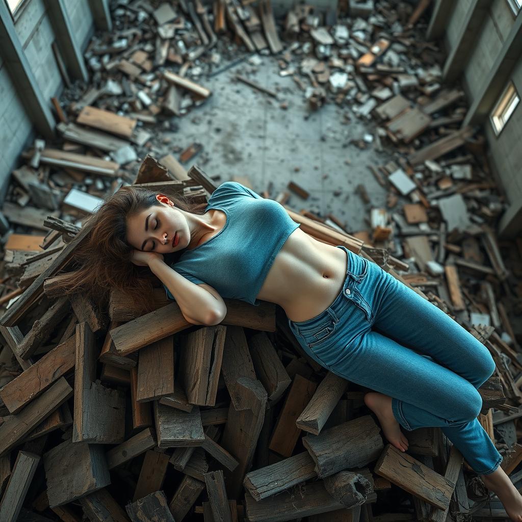 A slim woman peacefully sleeping on a pile of broken pieces of wood in a demolished warehouse