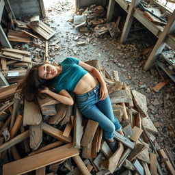 A slim woman peacefully sleeping on a pile of broken pieces of wood in a demolished warehouse