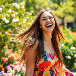 A joyful woman laughing heartily, her eyes sparkling with happiness