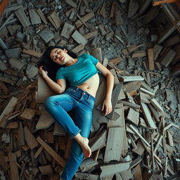 A slim woman peacefully sleeping on a pile of broken pieces of wood in a demolished warehouse