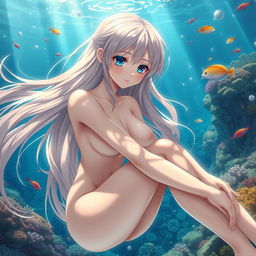 A beautiful naked anime girl with flowing long hair, striking blue eyes, and delicate features, posing artfully in a scenic underwater setting