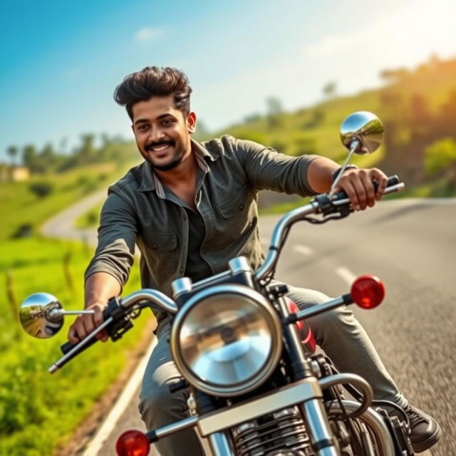 A dynamic scene featuring Ajay Bhupathi, a South Indian filmmaker, riding on a classic Yamaha RX 100 motorcycle