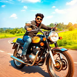 A dynamic scene featuring Ajay Bhupathi, a South Indian filmmaker, riding on a classic Yamaha RX 100 motorcycle