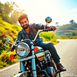 A dynamic scene featuring Ajay Bhupathi, a South Indian filmmaker, riding on a classic Yamaha RX 100 motorcycle
