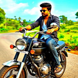 A dynamic scene featuring Ajay Bhupathi, a South Indian filmmaker, riding on a classic Yamaha RX 100 motorcycle