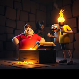 A glowing treasure chest in a dimly lit 3D room, featuring Motu, a fat man wearing a red shirt looking powered up, standing confidently against a masked villain