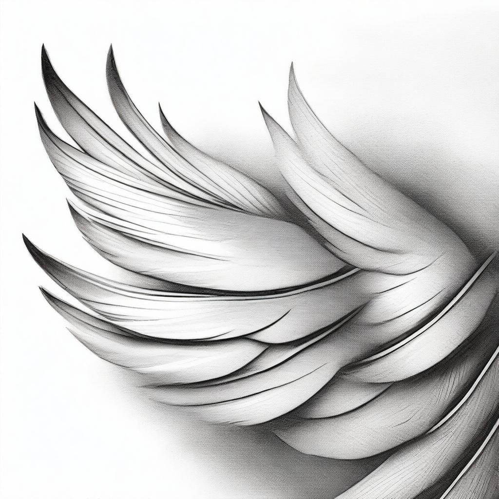 A black and white pencil illustration of wings, this time with a different approach