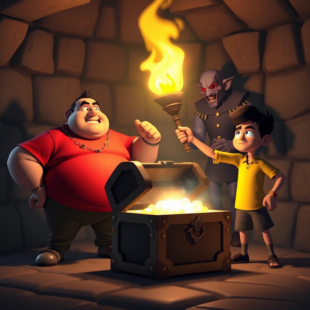 A glowing treasure chest in a dimly lit 3D room, featuring Motu, a fat man wearing a red shirt looking powered up, standing confidently against a masked villain