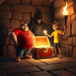 A glowing treasure chest in a dimly lit 3D room, featuring Motu, a fat man wearing a red shirt looking powered up, standing confidently against a masked villain