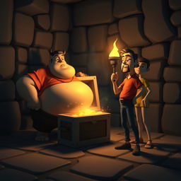 A glowing treasure chest in a dimly lit 3D room, featuring Motu, a fat man wearing a red shirt looking powered up, standing confidently against a masked villain
