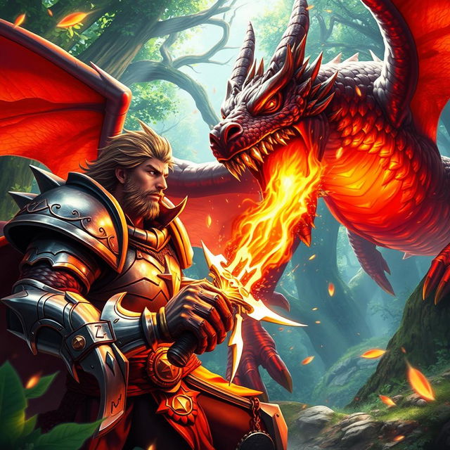 A dynamic and thrilling scene from a gaming universe, featuring an epic battle between a fierce warrior in shining armor and a fantastical dragon breathing fire