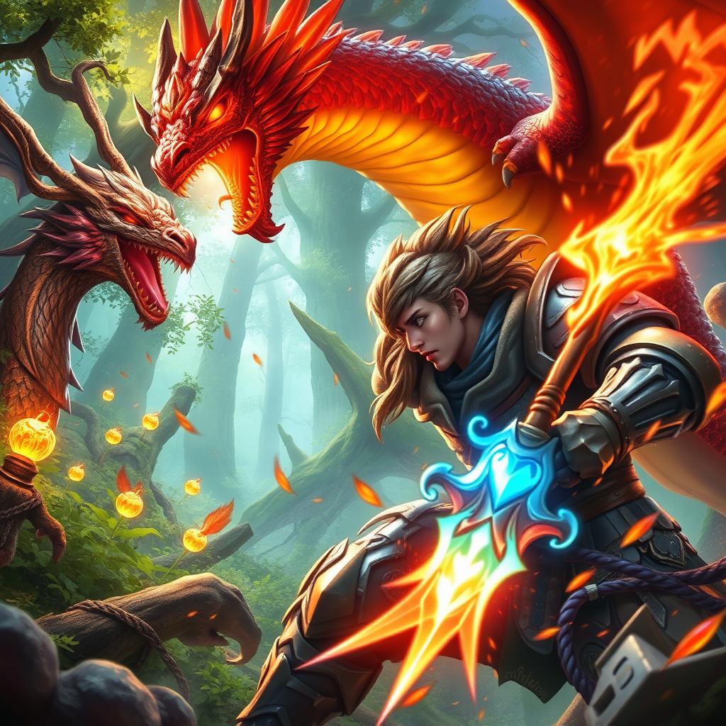 A dynamic and thrilling scene from a gaming universe, featuring an epic battle between a fierce warrior in shining armor and a fantastical dragon breathing fire