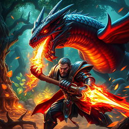 A dynamic and thrilling scene from a gaming universe, featuring an epic battle between a fierce warrior in shining armor and a fantastical dragon breathing fire