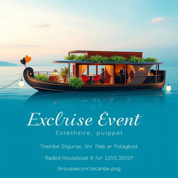 A picturesque social media poster showcasing an exclusive event organized in a houseboat