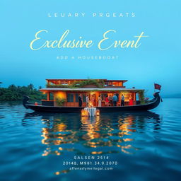 A picturesque social media poster showcasing an exclusive event organized in a houseboat