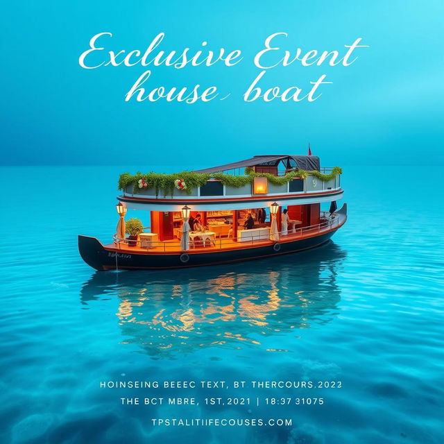 A picturesque social media poster showcasing an exclusive event organized in a houseboat