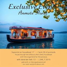 A picturesque social media poster showcasing an exclusive event organized in a houseboat