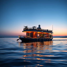 A vibrant social media poster background featuring a picturesque houseboat floating serenely on calm waters