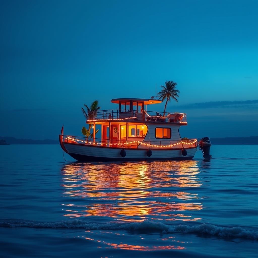 A vibrant social media poster background featuring a picturesque houseboat floating serenely on calm waters