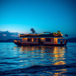 A vibrant social media poster background featuring a picturesque houseboat floating serenely on calm waters