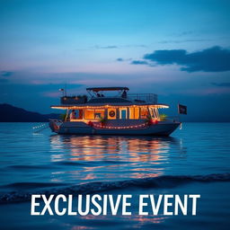 A vibrant social media poster background featuring a picturesque houseboat floating serenely on calm waters