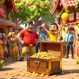 A colorful 3D village scene celebrating the heroes Motu and Patlu