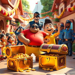 A colorful 3D village scene celebrating the heroes Motu and Patlu