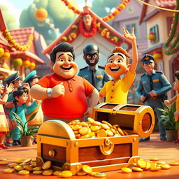 A colorful 3D village scene celebrating the heroes Motu and Patlu
