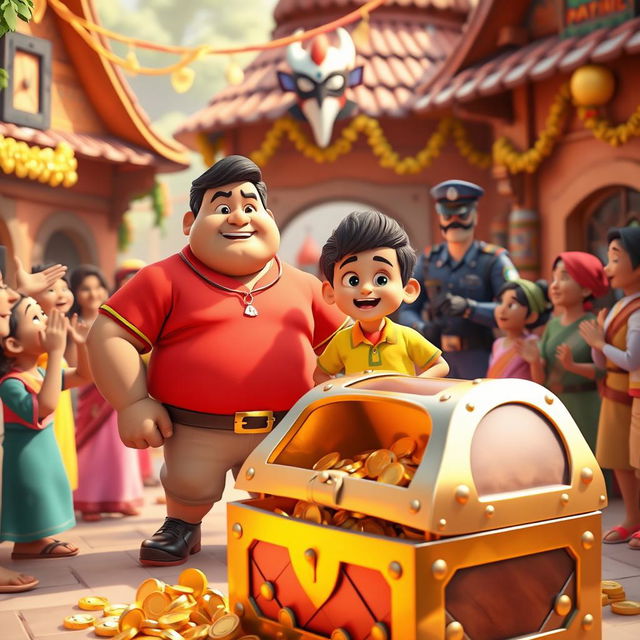 A colorful 3D village scene celebrating the heroes Motu and Patlu